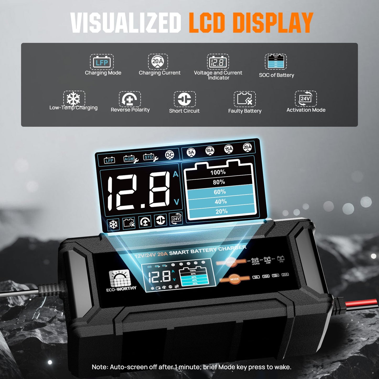 20A 12V/24V Smart Battery Charger with LCD Display for Most Batteries - battery accessories - ECO - WORTHY