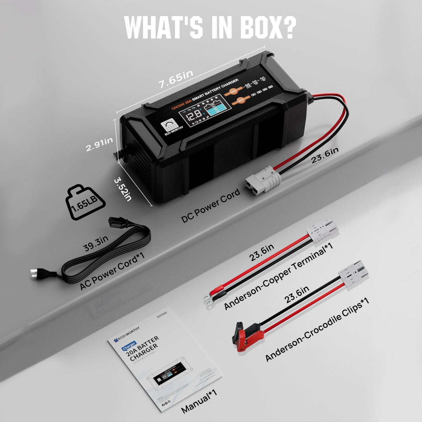 20A 12V/24V Smart Battery Charger with LCD Display for Most Batteries - battery accessories - ECO - WORTHY