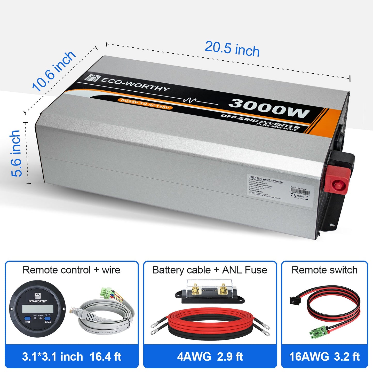 3000W Off Grid Pure Sine Wave Inverter 24V to 110V - INVERTER - ECO - WORTHY