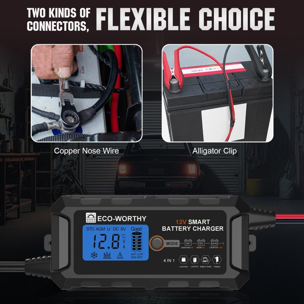 5A & 10A 12V Smart Battery Charger with LCD Display for Lithium (LiFePO4) Batteries - battery accessories - ECO - WORTHY
