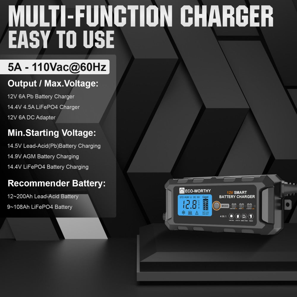 5A & 10A 12V Smart Battery Charger with LCD Display for Lithium (LiFePO4) Batteries - battery accessories - ECO - WORTHY