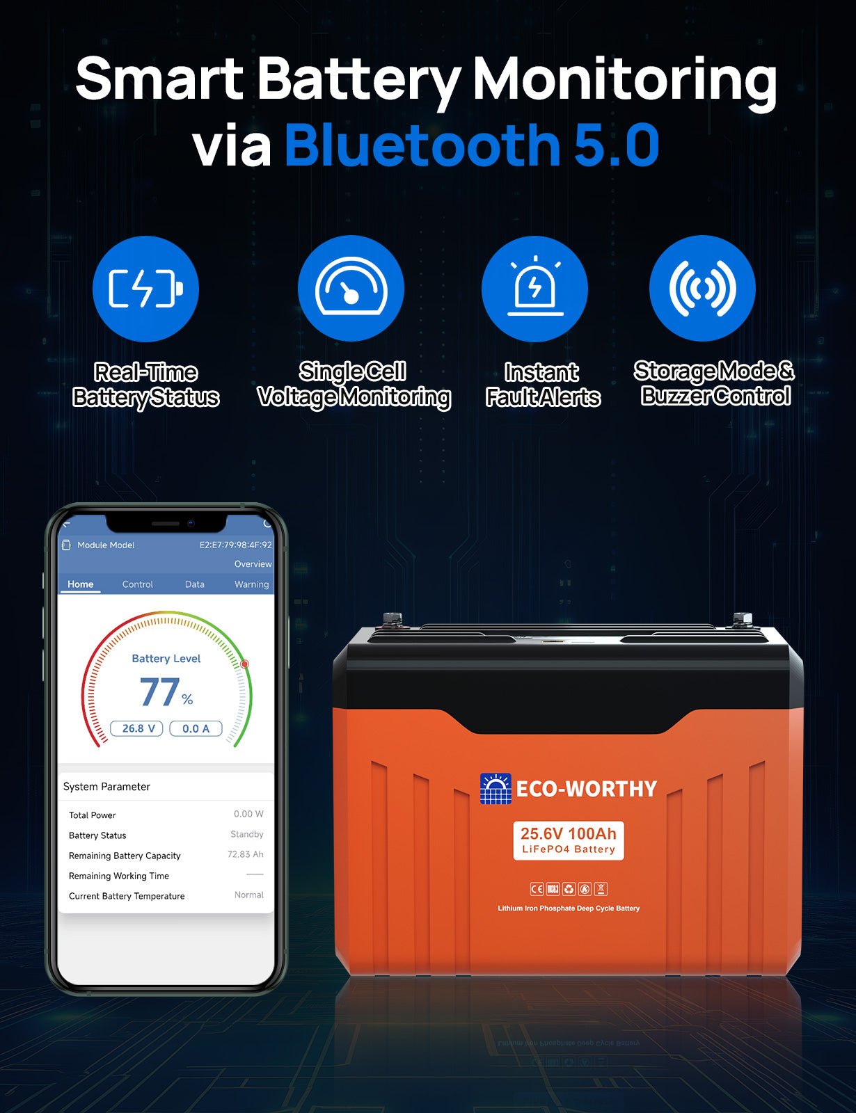 ECO - WORTHY 24V 100AH Bluetooth Lithium Battery with SOC LED Display, Built - in BMS with Low Temperature Protection - lithium battery - ECO - WORTHY
