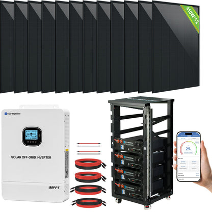 ECO - WORTHY Complete Off - Grid Solar Power System - 10000W 120/240V Output | 20.48kWh/61.44kWh Lithium Battery | 4920 Watts/14760Watts PV Input - kits - ECO - WORTHY